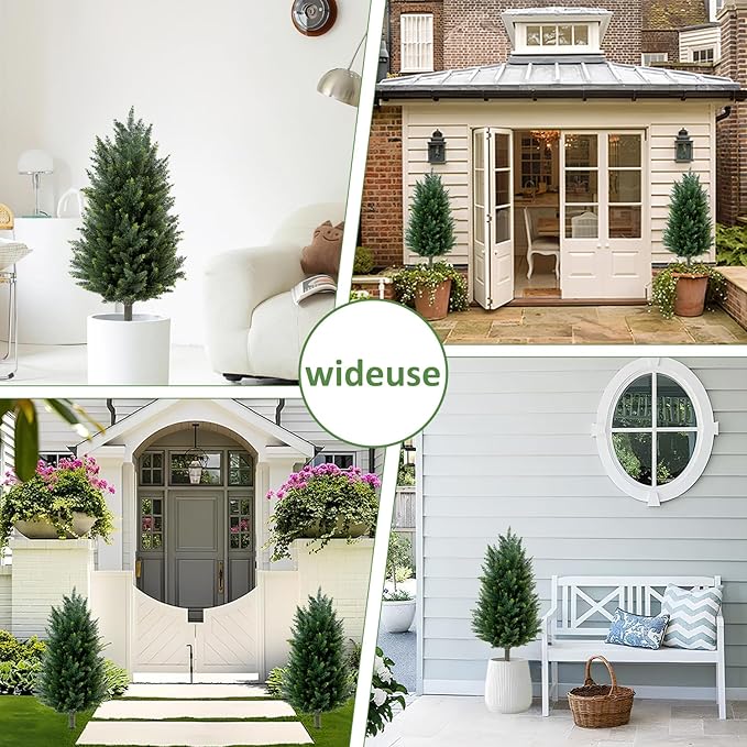 Set of 2 Artificial Cedar Topiary Christmas Trees, 3FT UV-Resistant Faux Cypress Shrubs with Ground Spikes — Tall Evergreen Decorative Plants for Outdoor and Indoor Porch, Patio, and Garden