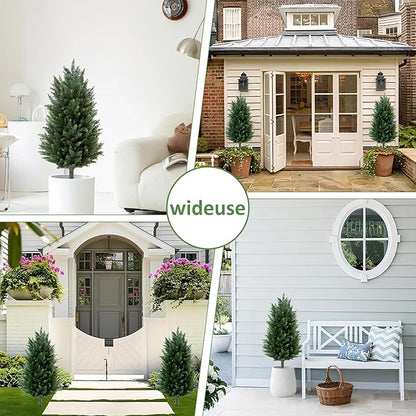Set of 2 Artificial Cedar Topiary Christmas Trees, 3FT UV-Resistant Faux Cypress Shrubs with Ground Spikes — Tall Evergreen Decorative Plants for Outdoor and Indoor Porch, Patio, and Garden
