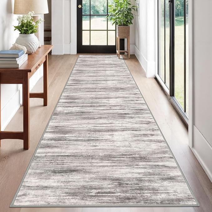 KOZYFLY Modern Abstract Washable Rug Runner 2.6x12 Hallway Rug Runner Non-Slip Soft Kitchen Runner Rugs, Grey-Beige Striped Carpet for Entryway Bathroom Laundry Room Foyer
