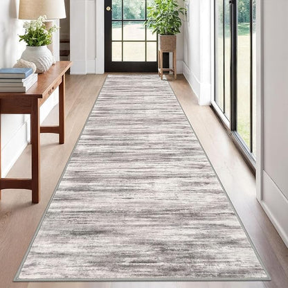 KOZYFLY Modern Abstract Washable Rug Runner 2.6x12 Hallway Rug Runner Non-Slip Soft Kitchen Runner Rugs, Grey-Beige Striped Carpet for Entryway Bathroom Laundry Room Foyer