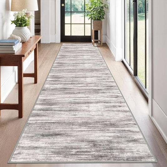 KOZYFLY Modern Abstract Washable Rug Runner 2.6x12 Hallway Rug Runner Non-Slip Soft Kitchen Runner Rugs, Grey-Beige Striped Carpet for Entryway Bathroom Laundry Room Foyer