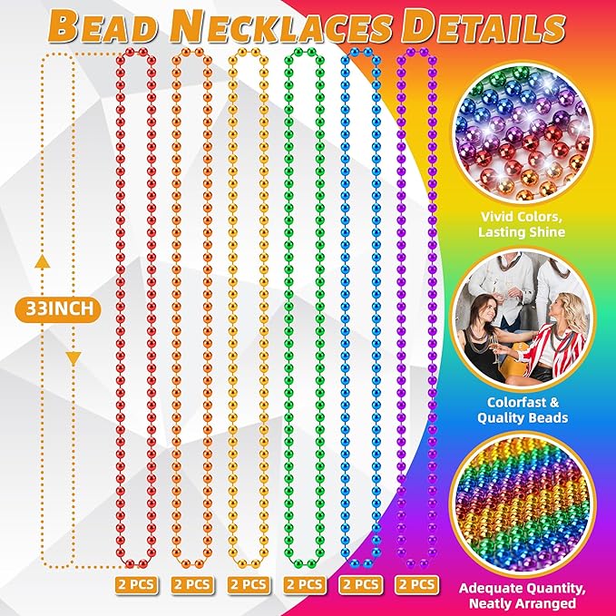 YAXINRUI 15 PCS Pride Beads Necklaces, LGBTQ Pride Necklace Accessories Pride Beads Stuff Rainbow Bead Necklaces for Gay Lesbian Pride Month Parade Throws Rainbow Party Favors in 6 Colors