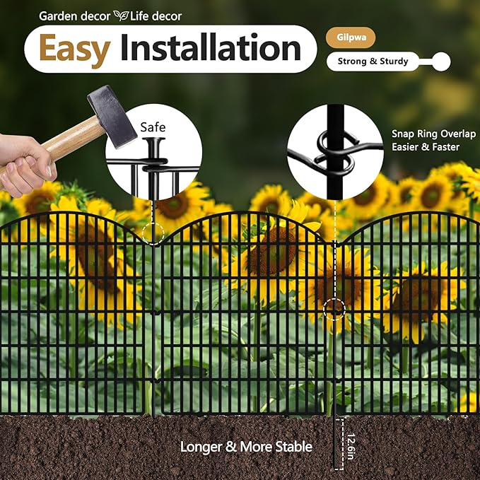 5 Panels Decorative Garden Fence 33in (H) x 12ft (L), Rustproof Metal No Dig Fencing Animal Barrier Border for Dog Rabbit, Flower Edging for Yard & Patio Outdoor Landscape