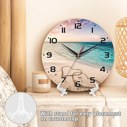 Two Hearts on a Sandy Beach Wall Clocks Vintage Wooden Battery Operated Sunset Non Ticking 10 inch Clock Silent Art Bedroom Kitchen Clock Home Decor for Girls Kids