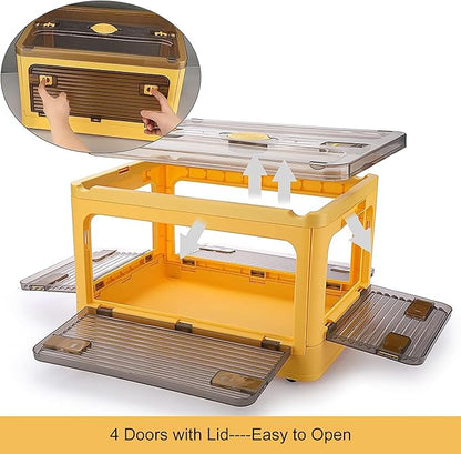 Folding Storage Bins, 28 Liters, 2 Pcs Yellow Plastic Storage Containers with Wheels, Four Doors, Foldable, Stackable, Plastic Box with Lids for Organization, Storage Cart