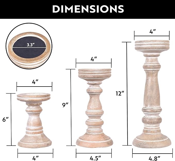 Mela Artisans Whitewashed Hand Carved Wooden Pillar Candle Holders - Set of 3 | Chennai Decorative Style | Crafted from Mango Wood | Rustic Table Centerpiece Decor | Sized 6", 9" and 12"