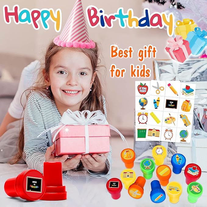 36PCS Back to school Party Favors - 24PCS Pre-Cut Temporary Tattoos & 12PCS Stamps - Ideal Welcome First Day Of School Themed Birthday Card Decorations Supplies Goodie Bag Kids Gifts Classroom Rewards
