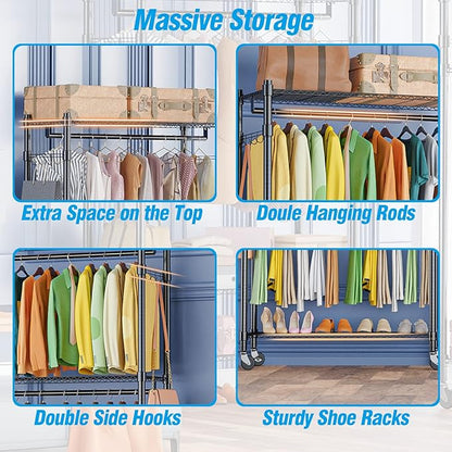 Homdox Rolling Garment Rack with Double Rod, Heavy Duty Clothing Rack with Shelves, Portable Clothes Rack, Free Standing Wardrobe Rack, with Lockable Wheels & Hanging Hooks, Max Load 450 LBS, Black