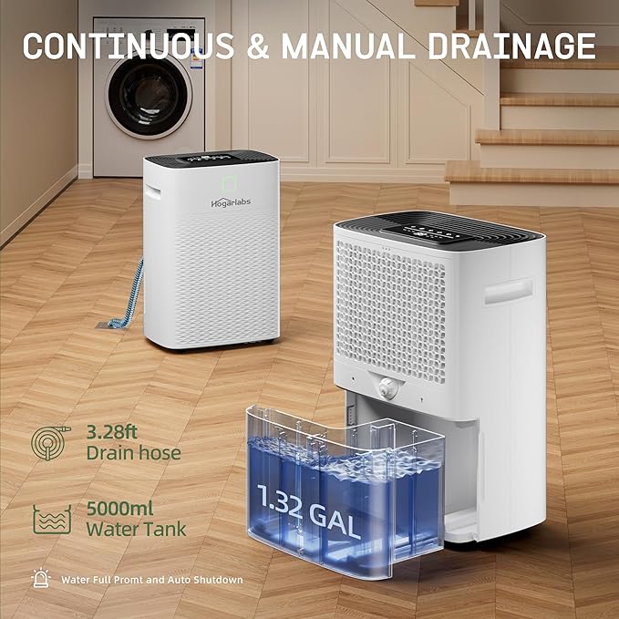 6,000 Sq.Ft 100 Pints Dehumidifier for Home, HOGARLABS Dehumidifier for Basement Large Room with Drain Hose, 1.32 Gal Water Tank, Auto Defrost, 24H Timer, Intelligent Humidity Control