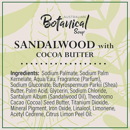 Australian Botanical Soap, 6.6 OZ, Sandalwood and Cocoa Butter, Triple Milled Bars made with a Natural Soap Base and Enriched with Organic Shea Butter, Pack of 8