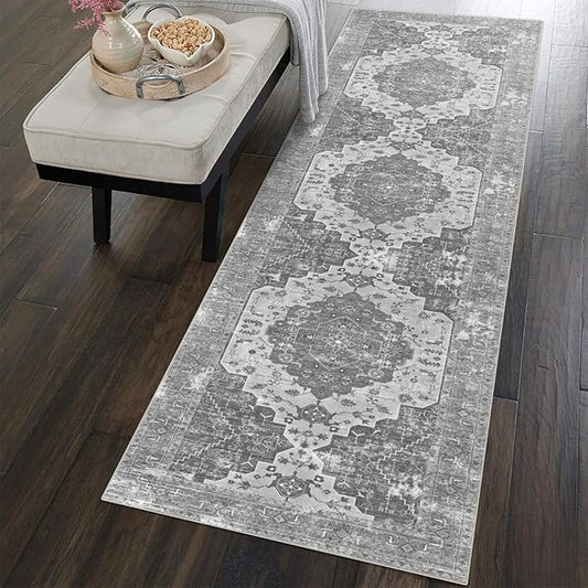 vivorug Grey Runner Rug 2x10 Machine Washable Rug with Non-Slip Backing, Ideal for Kitchen Hallway Entryway Laundry Room - Vintage Floral, Durable, Easy Clean, Low Pile Carpet Runner