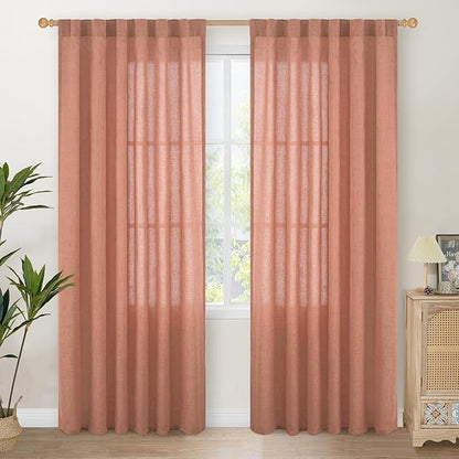 YoungsTex Rust Terracotta Linen Curtains 84 Inch Length, Burnt Orange Semi Sheer Drapes with Rod Pocket Back Tab Light Filtering for Bedroom Living Room Windows, 2 Panels, 52 X 84 Inch
