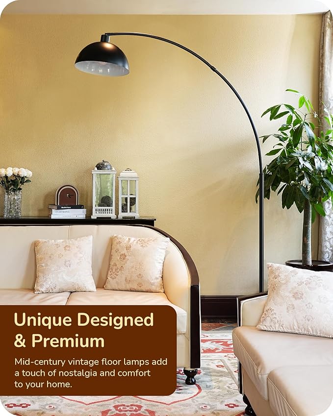 EDISHINE Modern Arc Floor Lamp, 78.3" Mid Century Standing Lamp Over Chair with Remote & Foot Switch, Rotatable Lamp Head, Metal Floor Lamps for Living Room, Bedroom, Office, Dining Room, Black