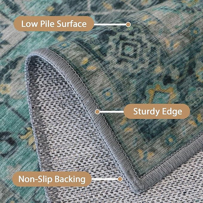 GENIMO 9x12 Area Rugs for Living Room, Machine Washable Non Slip Vintage Rugs, Low Pile Lightweight Chenille Print Rug for Bedroom, Dining Room, Home Office, Dark Green