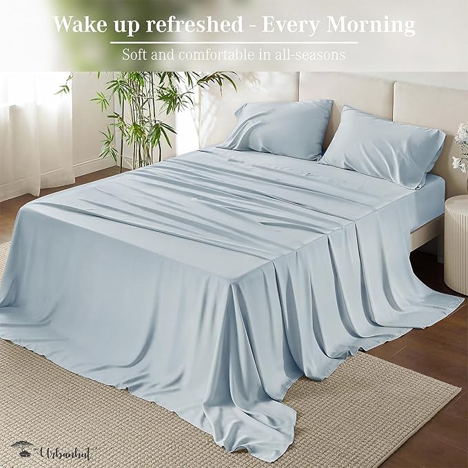 URBANHUT 800 Thread Count Queen Size Sheets Egyptian Cotton, Long Staple, Soft & Breathable, 4 Pc Bed Sheet Sets for Queen Size, Luxury Hotel Sateen Sheets Fits 16" Deep Pocket - Light Blue