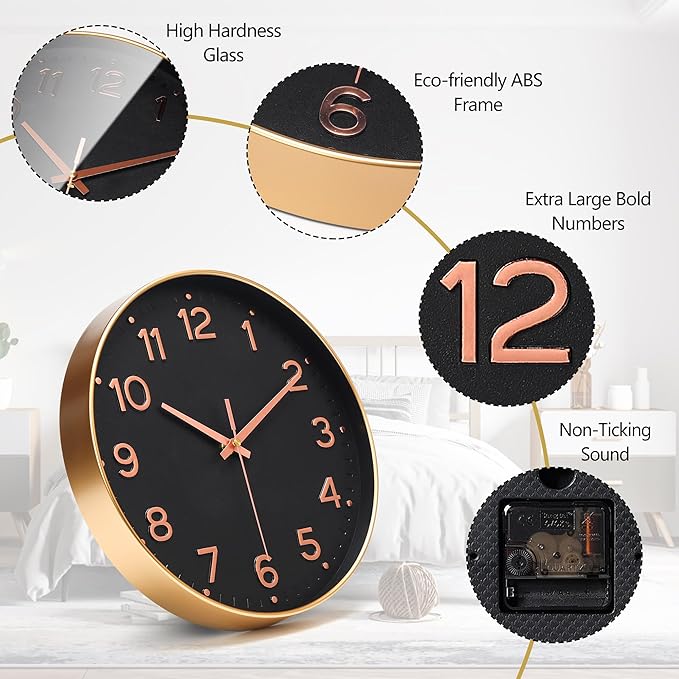 MEIRED Wall Clock 12 Inch Silent Non Ticking Battery Operated Round Wall Clock Modern Simple Style Decor Clock for Home/Office/School/Kitchen/Bedroom/Living Room, Black and Gold