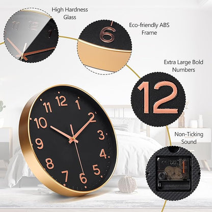 MEIRED Wall Clock 12 Inch Silent Non Ticking Battery Operated Round Wall Clock Modern Simple Style Decor Clock for Home/Office/School/Kitchen/Bedroom/Living Room, Black and Gold