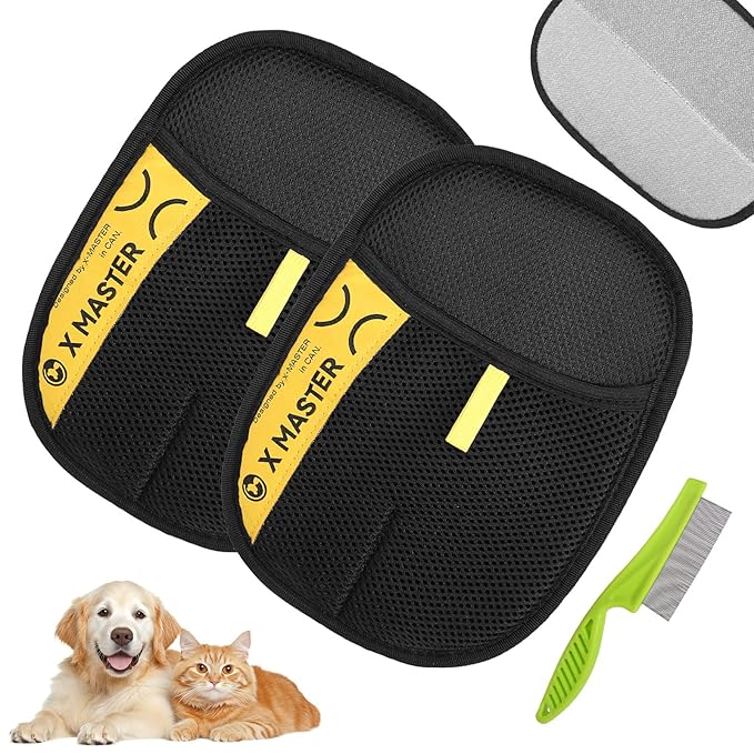 2pcs Pet Hair Removal Glove Original with Flea Comb, 3 in 1 Electrostatic Gloves Pet Hair Remover Glove Perfect for Fabric or Leather Surfaces Multifunctional Viorane Pet Hair Remover Mitt