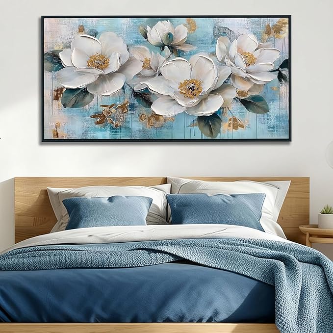 Ardemy White Floral Wall Art, Framed Teal Canvas Wall Art For Living Room Large Magnolia Pictures Wall Decor Flower Paintings Artwork for Walls Dining Room Bedroom Home Office 58"x29"