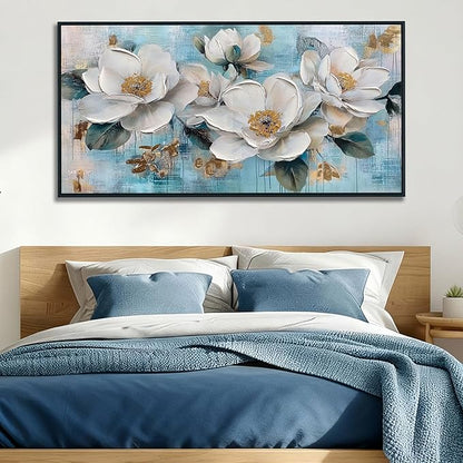 Ardemy White Floral Wall Art, Framed Teal Canvas Wall Art For Living Room Large Magnolia Pictures Wall Decor Flower Paintings Artwork for Walls Dining Room Bedroom Home Office 58"x29"
