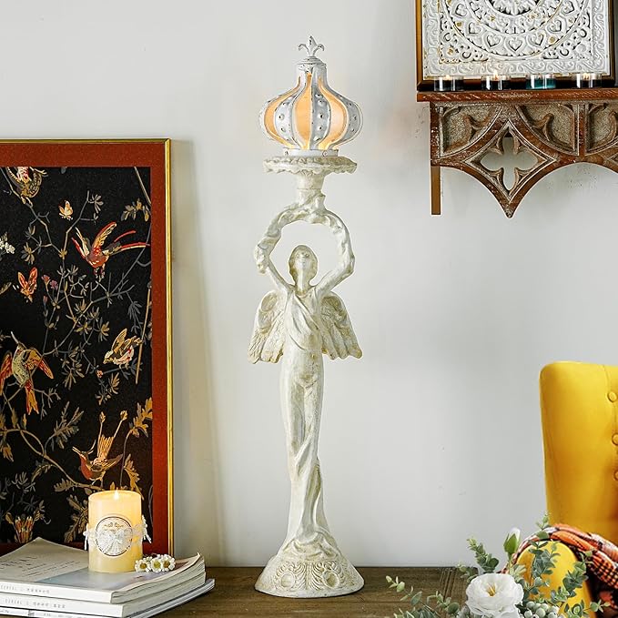 Sungmor Vintage Cast Iron Angel Candlestick Holder – 22.6” Antique Gothic Candle Stand for Home Decor, Taper & Pillar Candles, Distressed White Decorative Centerpiece
