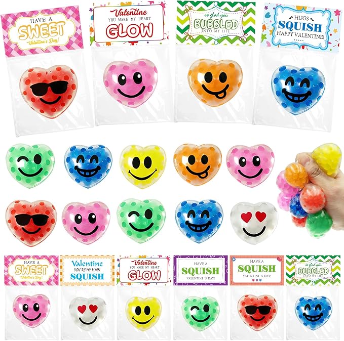 28 Pack Valentines Day Gifts for Kids ,Squishy Stress Balls Toys with Valentine Cards Classroom Prizes Exchange Gifts Prizes Valentine Party Favors Valentines Day Gifts for Kids Boy Girl