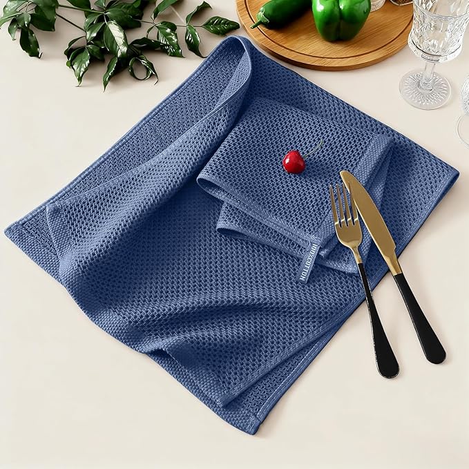 Kitinjoy 100% Cotton Kitchen Towels and Dishcloths Set, 8 Pack Waffle Weave Dish Towels Ultra Soft Absorbent Quick Drying Dish Rags, 13 x 28 Inch and 12 X 12 Inch, Navy Blue