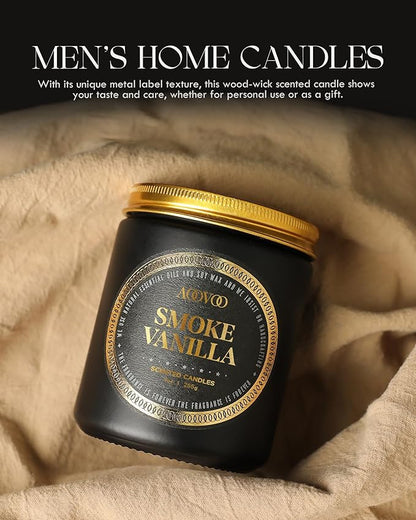 AOOVOO Scented Candle for Home Scented - Wood & Vanilla Scented Candles | Strong Fragranced Soy Mens Candles | Masculine Candle, Wood Wicked Candles | Smokey & Vanilla Candle in Black Jar, AO-LZY0152