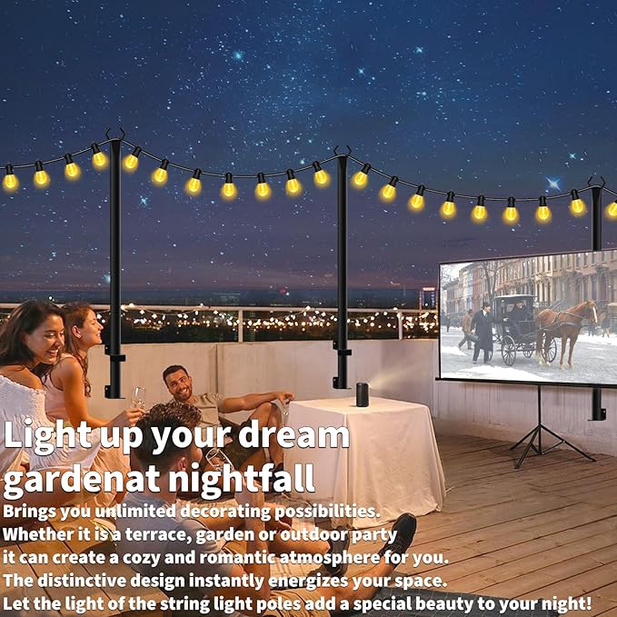5 Ft String Light Poles 4 Pack, String Light Poles for Outside with Fixing Clips,Hanging Light Poles for Deck Fence Garden Backyard Wall Bistro,Metal Poles for Outdoor String Lights
