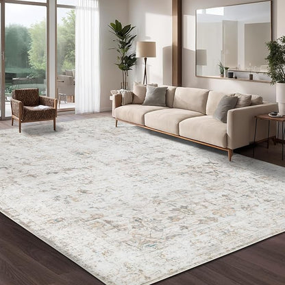 Washable 10×12 Area Rug for Living Room, Vintage Floral Rug Soft Non Slip Stain Resistant Boho Carpet for Indoor Bedroom Dinning Room Home Office Beige