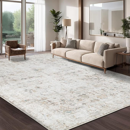 Washable 10×12 Area Rug for Living Room, Vintage Floral Rug Soft Non Slip Stain Resistant Boho Carpet for Indoor Bedroom Dinning Room Home Office Beige