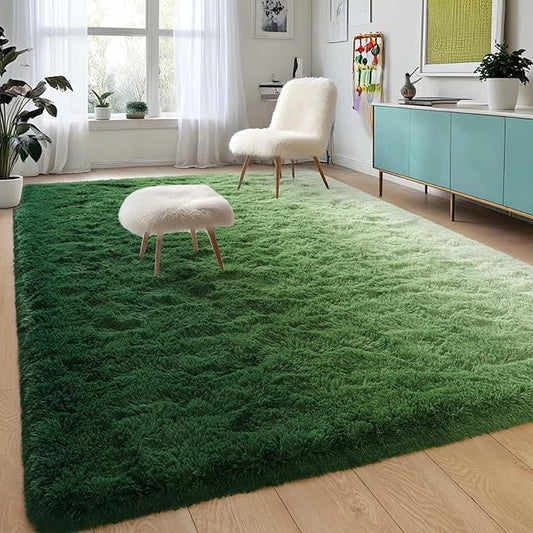DweIke Luxury Fluffy Kids Rugs for Living Room Bedroom, 6x9 Large Shaggy Forest Green Area Rug for Girls Boys, Upgrade Plush Non-Slip and Washable Colorful Fuzzy Carpet for Dorm Nursery Decor