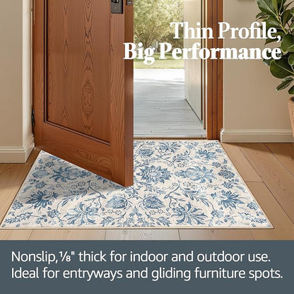 jinchan Floral 5x7 Area Rugs, Vintage-Inspired Design Accent Rug, Machine Washable Ultra-Thin Low-Pile Non-Slip Traditional Carpet for Living Room Bedroom Dining Room Home Office, Turquoise
