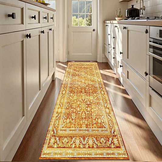OPPODREAM Thin Vintage Orange 2x12 Runner Rug, 2 x 12 Retro Washable Rug Non Slip, Low-Pile Faux Wool Carpet, Distressed Floor Mat for Kitchen, Hallway, Entry-Way, Entrance, Indoor Back Door