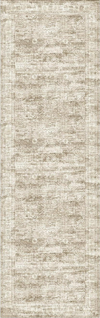3x10 Runner Rug Non Slip Washable for Entryway, Vintage Hallway Runner for Front Porch, Laundry Room, Bedroom, Abstract Stain Resistant Thin Indoor Kitchen Mats for Floor(3'x10', Brown/Ivory)