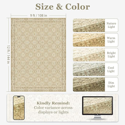 Warm Beige 9x12 Living Room Rug, Large Area Rug Washable Non Slip Low Pile Ultra Thin, Neutral Boho Floral Moroccan Pattern Printed Carpet Rug for Bedroom Dining Room