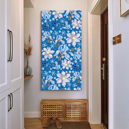 CanvasGarden Floral Canvas Wall Art, Blue Background Floral Watercolor Poster Mixed Blooms Botanical Soft Flower Home Decor, Framed Prints for Living Room Bedroom Office Decor, 24x48Inch
