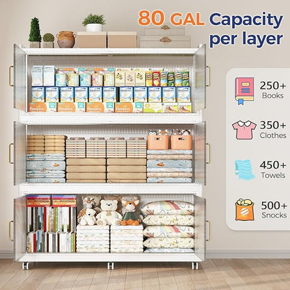 240 Gallon Extra Large Collapsible Storage Bin with Lid, 960QT Stackable Plastic Organizer with 6x Wheels, Foldable Drawer Cabinet for Closet, Living Room Office, Kitchen 3Pack, White