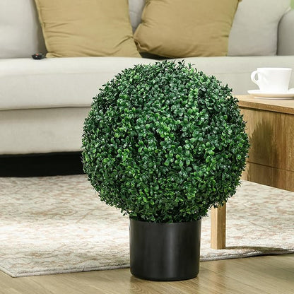 HOMCOM Set of 2 20.5" Artificial Ball Boxwood Topiary Trees with Pot, Indoor Outdoor Fake Plants for Home Office & Living Room Decor