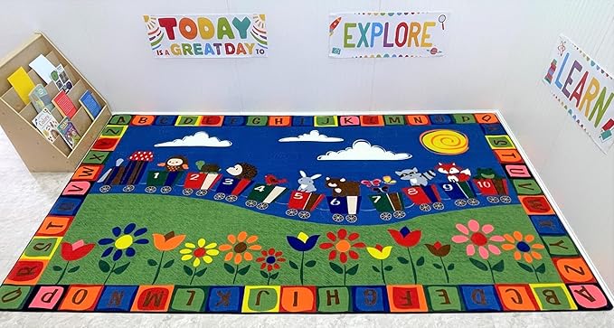 On The Train Kid's Rug, 7'6" x 12', Multicolored, Educational Classroom Rug, Kids Learning Play Mat | Area Rug for Bedroom or Playroom
