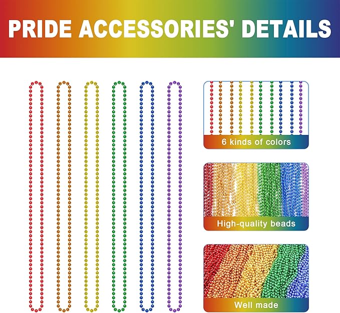 200PCS Pride Accessories, LGBTQ Pride Beads Necklace Accessories, 6 Kinds of Metallic Beads Necklace Bulk, Gay Lesbian Pride Necklace, Costumes Decor for Pride Month Parade Throws Party Favors