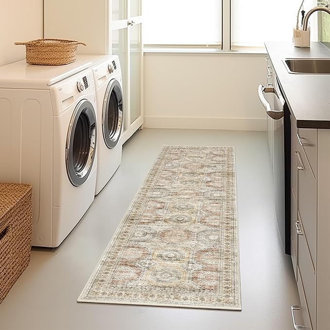 Rug Runners for Hallways Non Slip - 2x8 Runner Rug for Bedroom, Washable Runner with Rubber Backing, Soft Low-Pile Carpet for Kitchen, Laundry, Bathroom (2'x8', Brown/Pink)