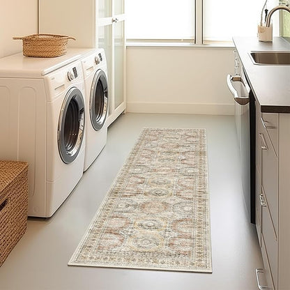 Rug Runners for Hallways Non Slip - 2x8 Runner Rug for Bedroom, Washable Runner with Rubber Backing, Soft Low-Pile Carpet for Kitchen, Laundry, Bathroom (2'x8', Brown/Pink)