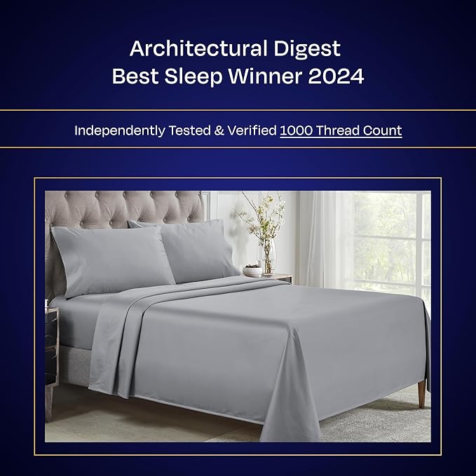 California Design Den Queen Sheet Set Deep Pocket - Luxury 1000 Thread Count Sateen, Thick and Natural 100% Cotton Bed Sheets, Soft, Breathable and Durable Bedding Set - Light Grey