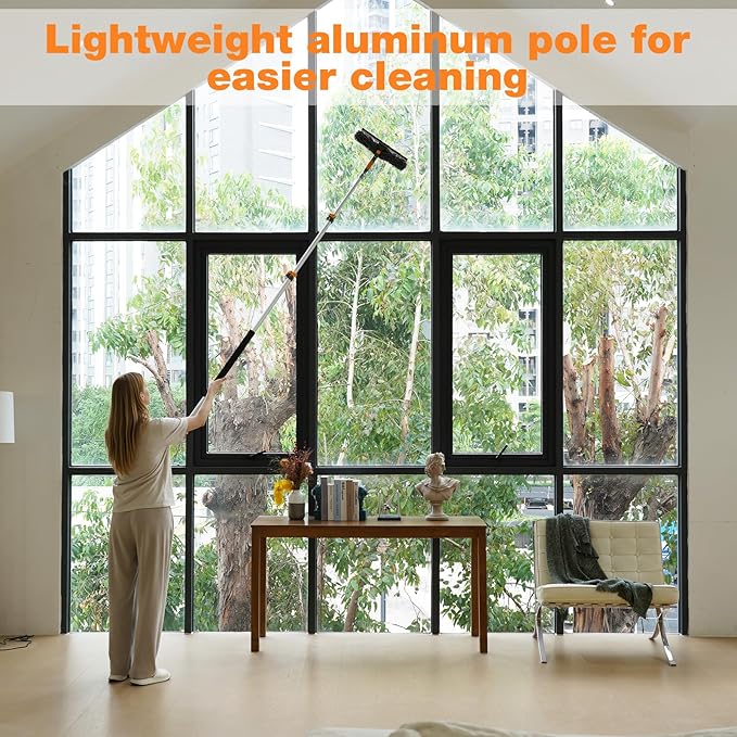 19Ft Window Squeegee with Extension Poles, 2-in-1 Window Cleaning Kit with Telescopic Pole, Extra-Large 14" Window Squeegee, Window Cleaner Tool with Adjustable Head, for High Window, Glass, RV