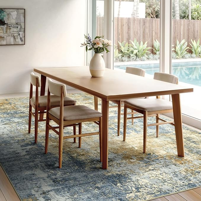 AUKOW Area Rug Living Room Rugs - 8x10 Modern Abstract Soft Indoor Neutral Washable Rug Stain Resistant Non-Slip Low Pile Carpet for Bedroom Dining Room Home Office - Blue/Grey/Yellow