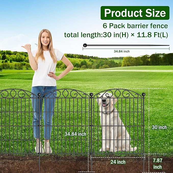 No Dig Decorative Garden Fence 6 Panel with Gate - 30in H x 11.8ft L, Tall Animal Barrier for Dogs Rabbits, Rustproof Metal Wire Panels for Yard, Patio, and Outdoor Border Use