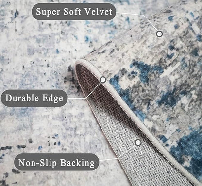 vivorug Runner Rug 2x10 Machine Washable Rug with Non-Slip Backing, Ideal for Kitchen Hallway Entryway Laundry Room - Modern Abstract, Durable, Easy Clean, Low Pile Carpet Runner, Grey/Navy