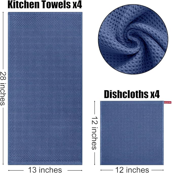 Kitinjoy 100% Cotton Kitchen Towels and Dishcloths Set, 12 Pack Waffle Weave Dish Towels Ultra Soft Absorbent Quick Drying Dish Rags, 13 x 28 Inch and 12 X 12 Inch, Navy Blue