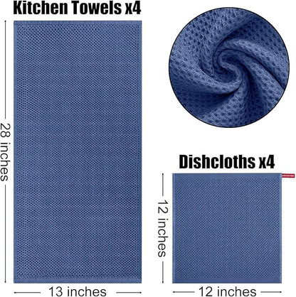 Kitinjoy 100% Cotton Kitchen Towels and Dishcloths Set, 12 Pack Waffle Weave Dish Towels Ultra Soft Absorbent Quick Drying Dish Rags, 13 x 28 Inch and 12 X 12 Inch, Navy Blue